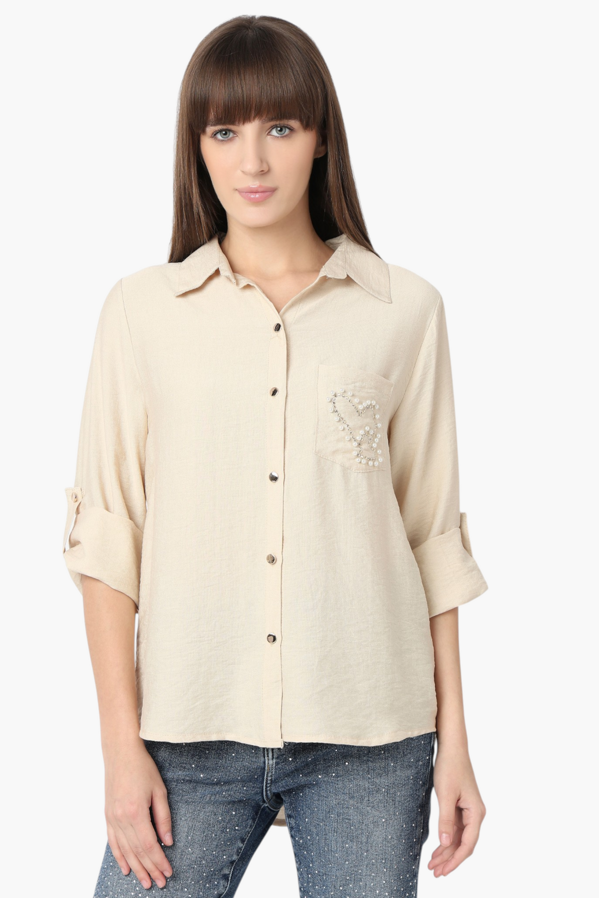 Solid Shirt with Pearl-Embellished Heart Pocket