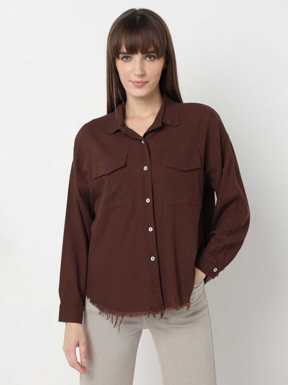 Rustic Edge Frayed Hem Utility Shirt