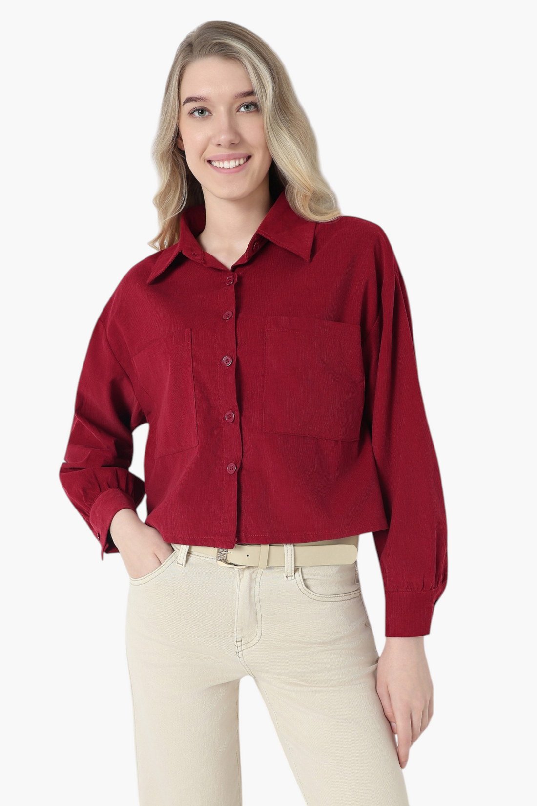 Corduroy Crop Shirt with Dual Chest Pockets