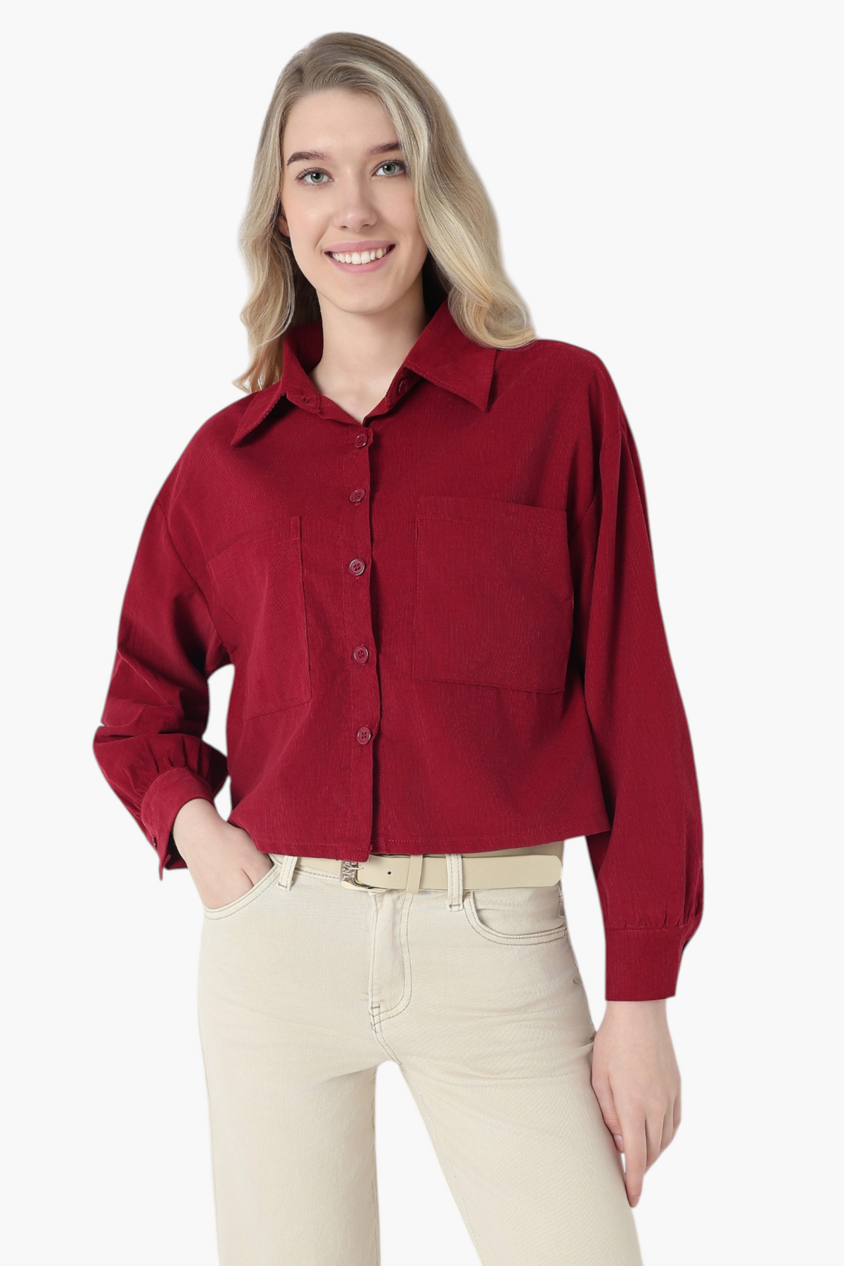 Corduroy Crop Shirt with Dual Chest Pockets