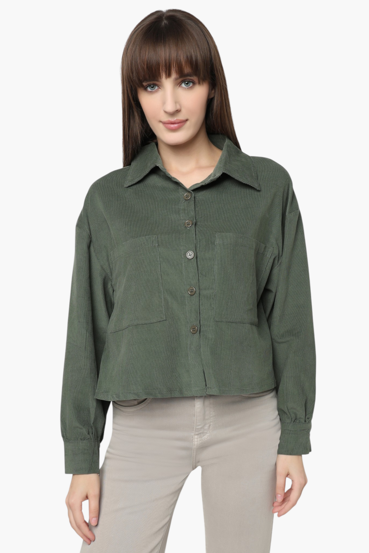 Corduroy Crop Shirt with Dual Chest Pockets