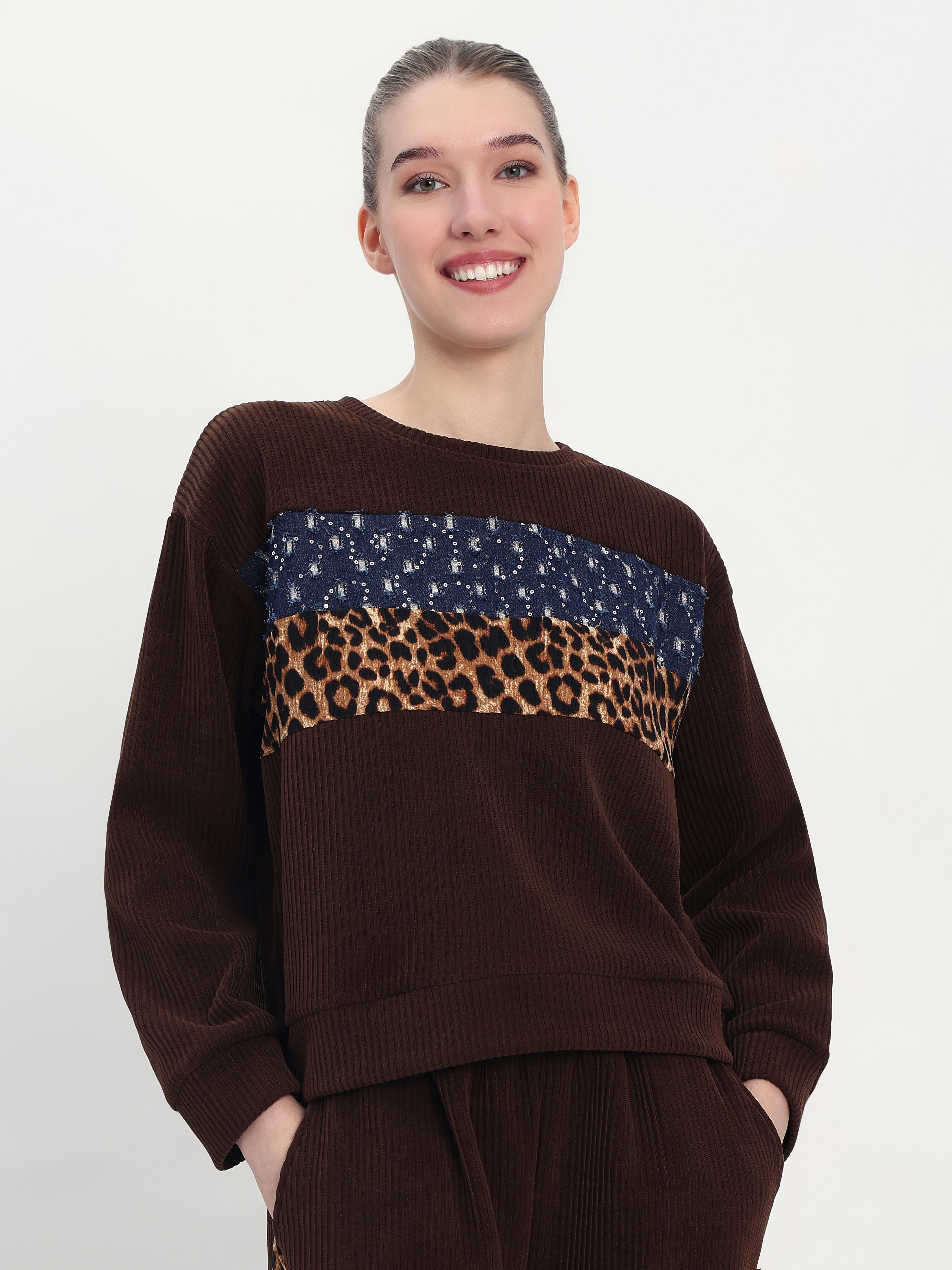 Women’s Lounge Set with Leopard and Denim Patchwork Details