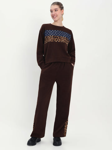 Women’s Lounge Set with Leopard and Denim Patchwork Details