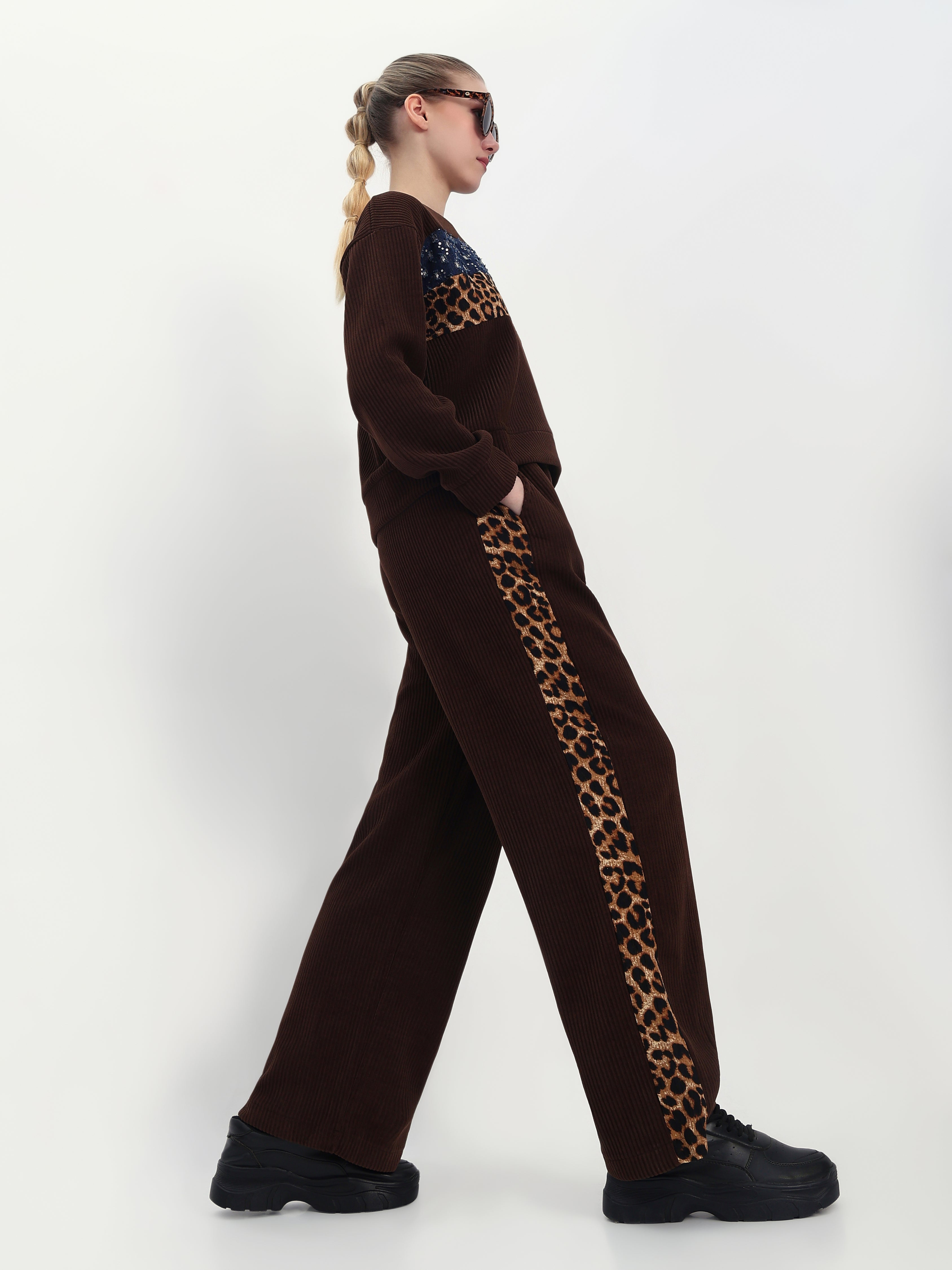 Women’s Lounge Set with Leopard and Denim Patchwork Details