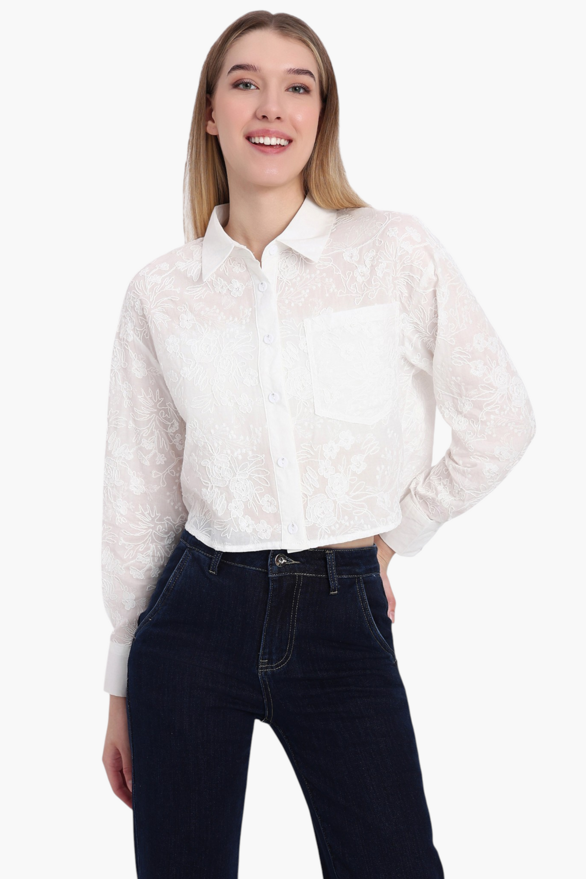 White Floral Embroidered Sheer Crop Shirt