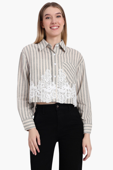 Striped Crop Shirt with Crochet Lace Hem