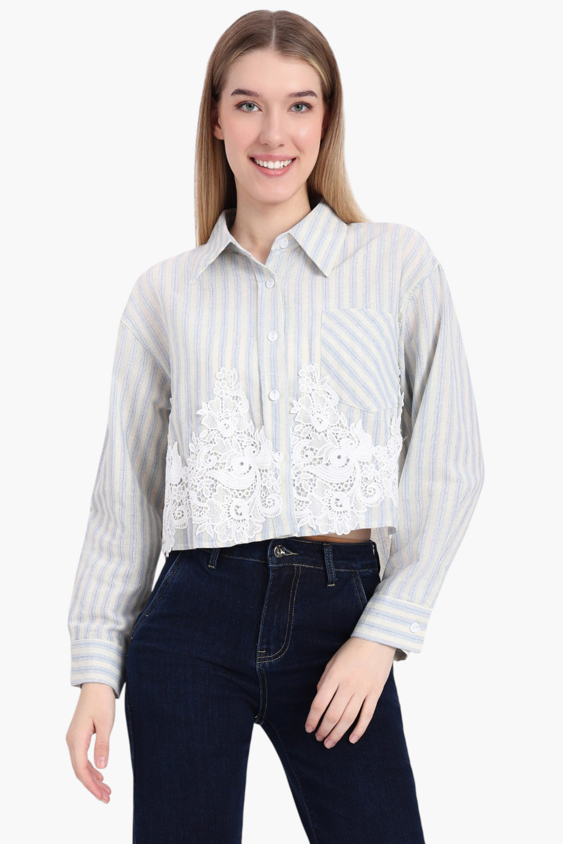 Striped Crop Shirt with Crochet Lace Hem