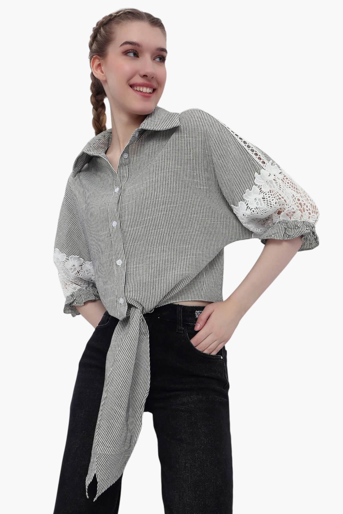 Striped Tie-Front Shirt with Crochet Sleeve Detail