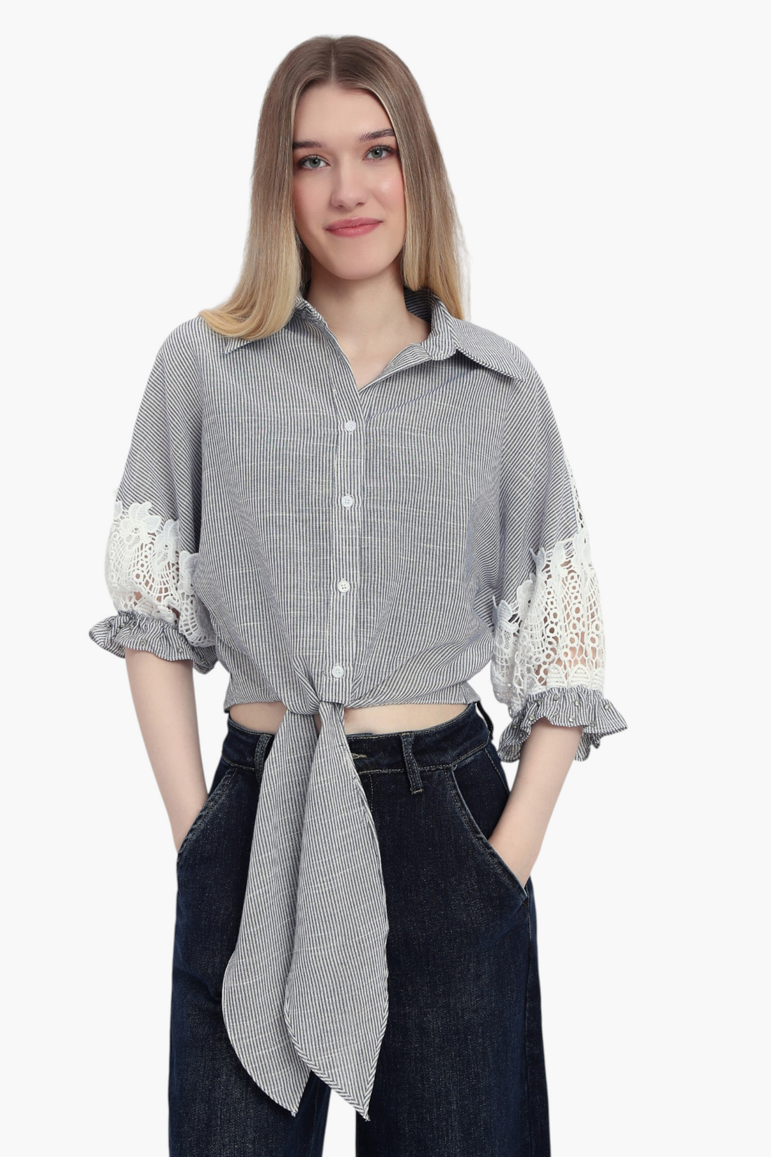 Striped Tie-Front Shirt with Crochet Sleeve Detail