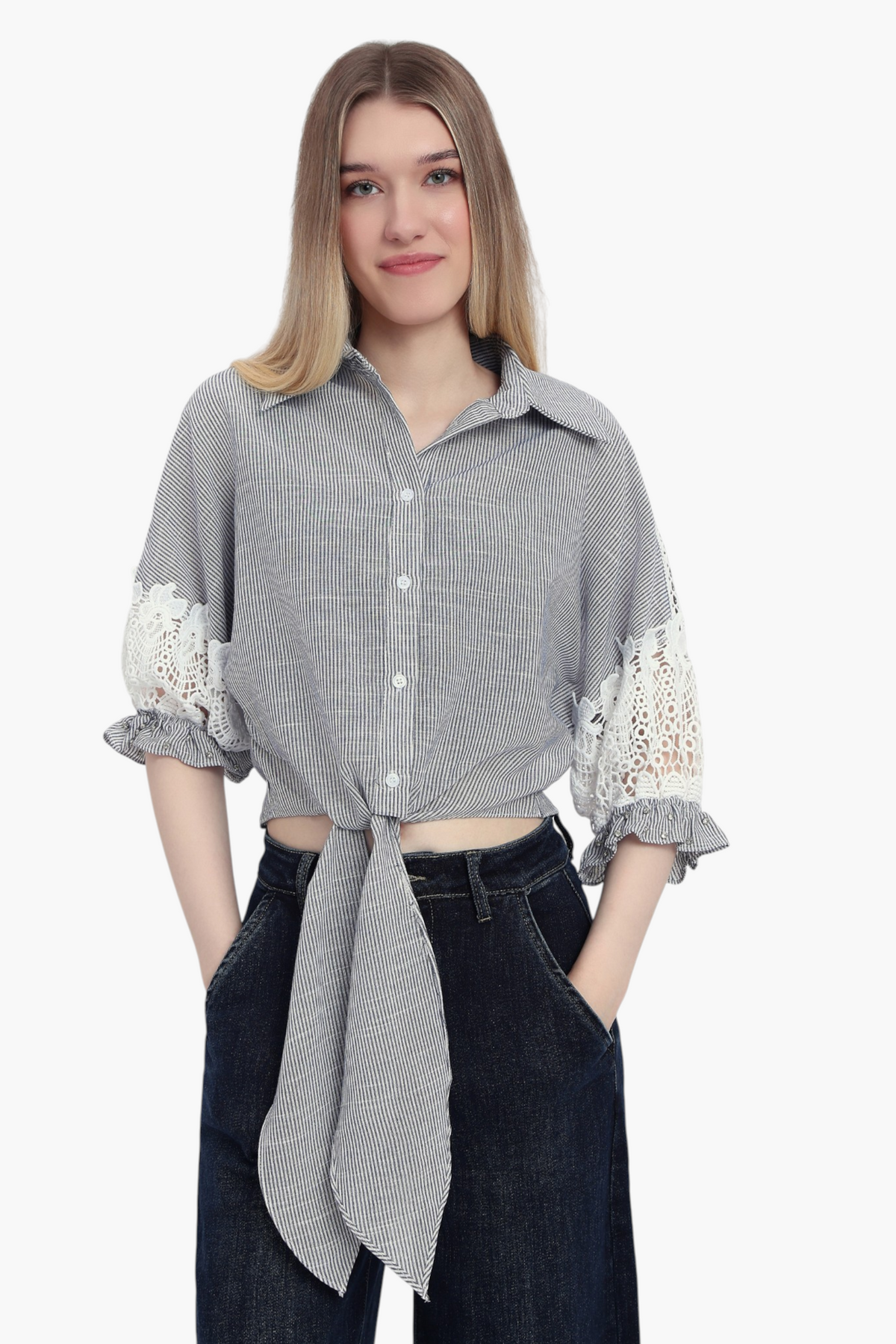 Striped Tie-Front Shirt with Crochet Sleeve Detail