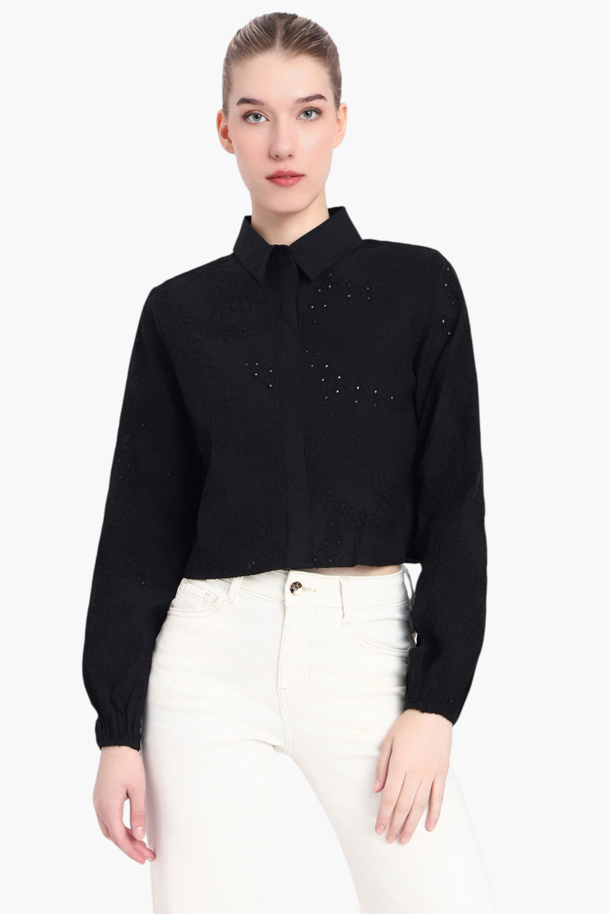 Floral Eyelet Embroidered Crop Shirt