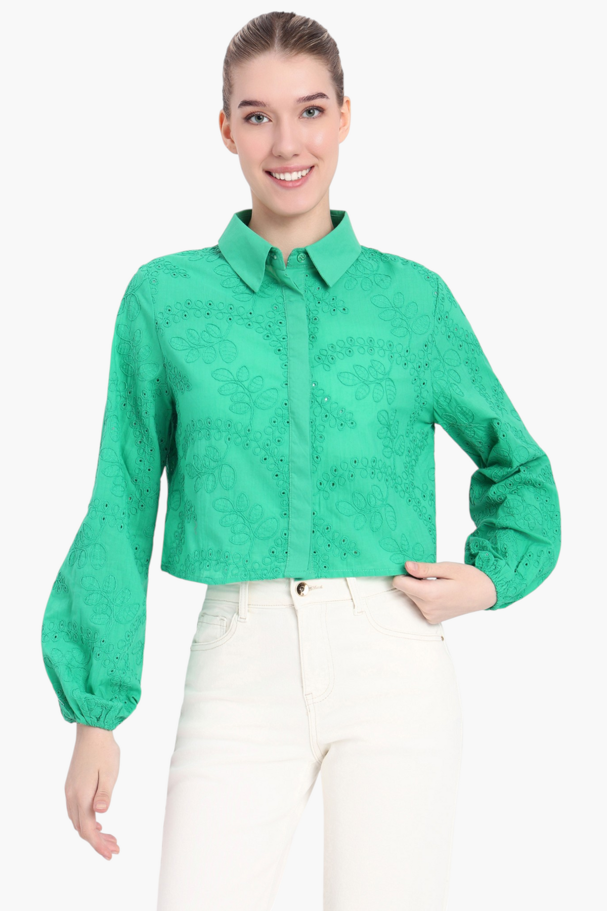 Floral Eyelet Embroidered Crop Shirt