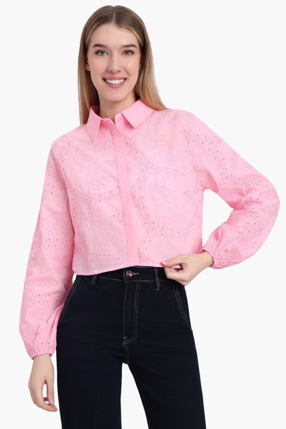 Floral Eyelet Embroidered Crop Shirt