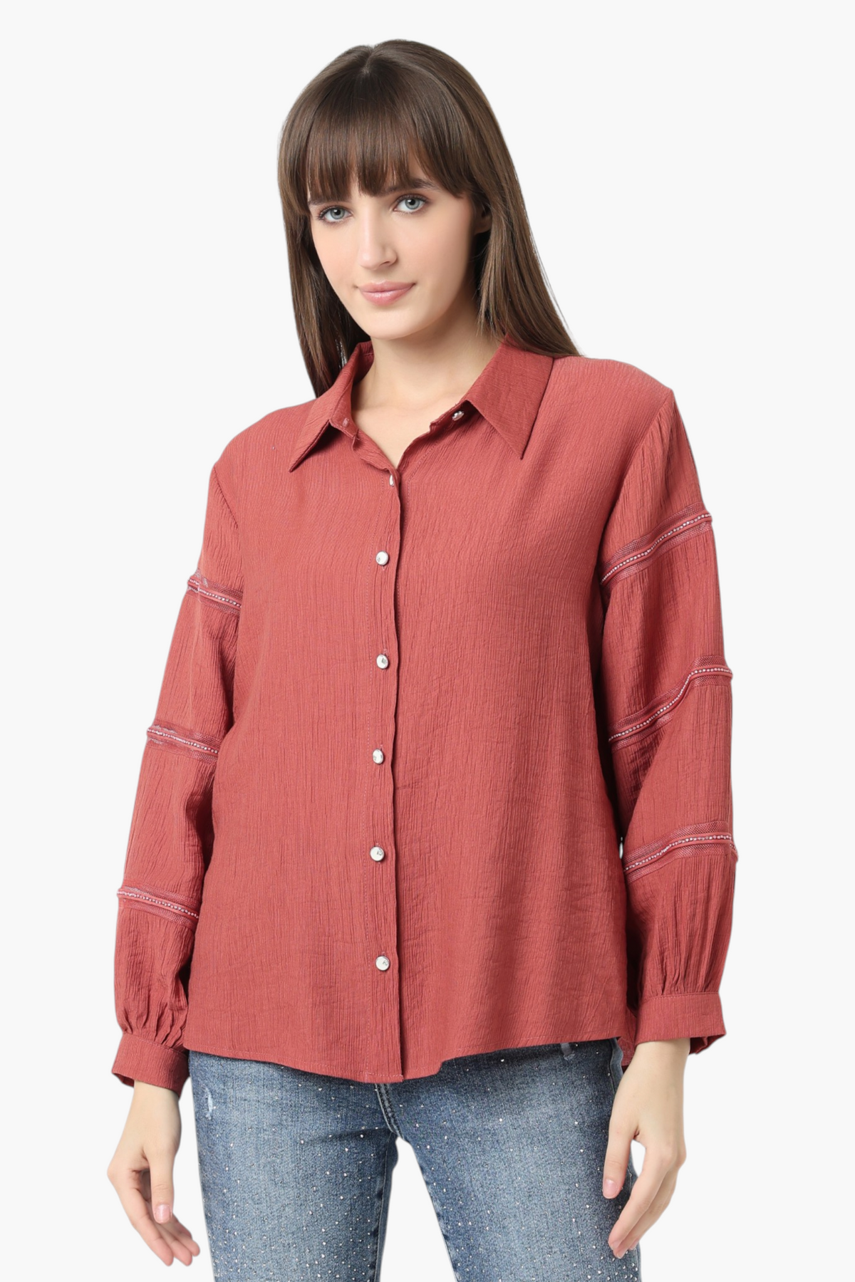 Textured Shirt with Lace Trim Sleeve Detail