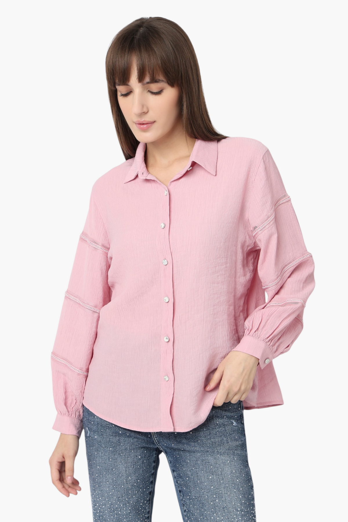 Textured Shirt with Lace Trim Sleeve Detail