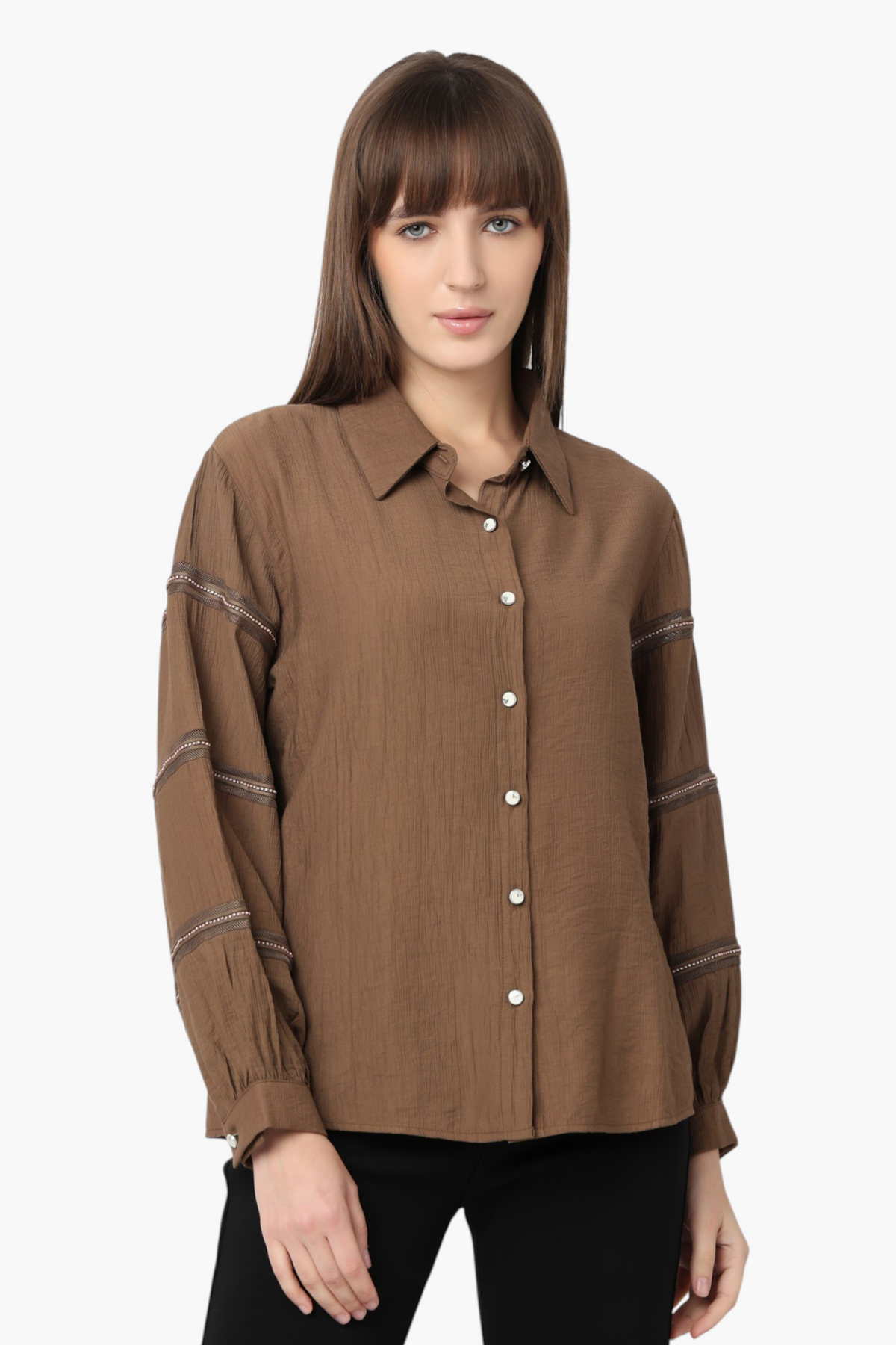 Textured Shirt with Lace Trim Sleeve Detail