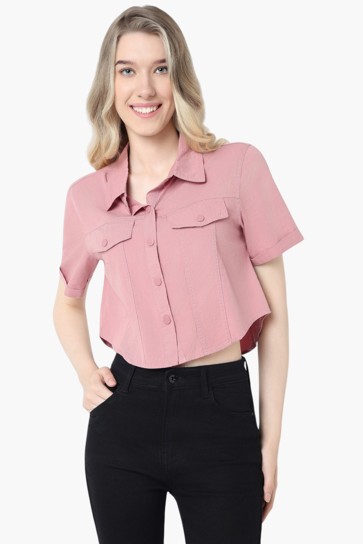 Dusty Pink Utility Crop Shirt with Dual Flap Pockets