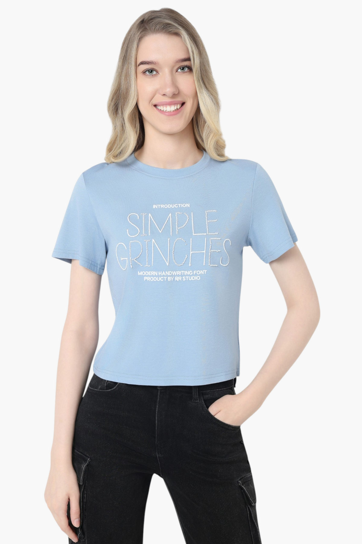 Sky Blue "Simple Grinches" Pearl Embellished Graphic T-Shirt