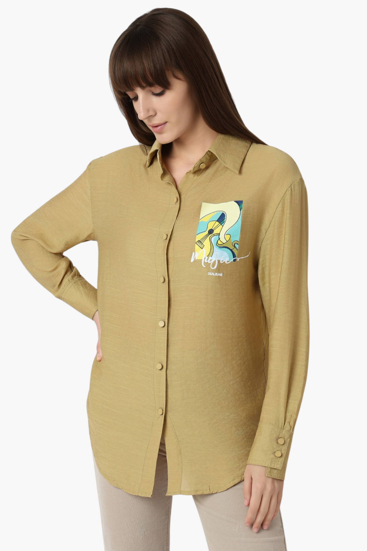 Mustard Yellow Shirt with Guitar Graphic