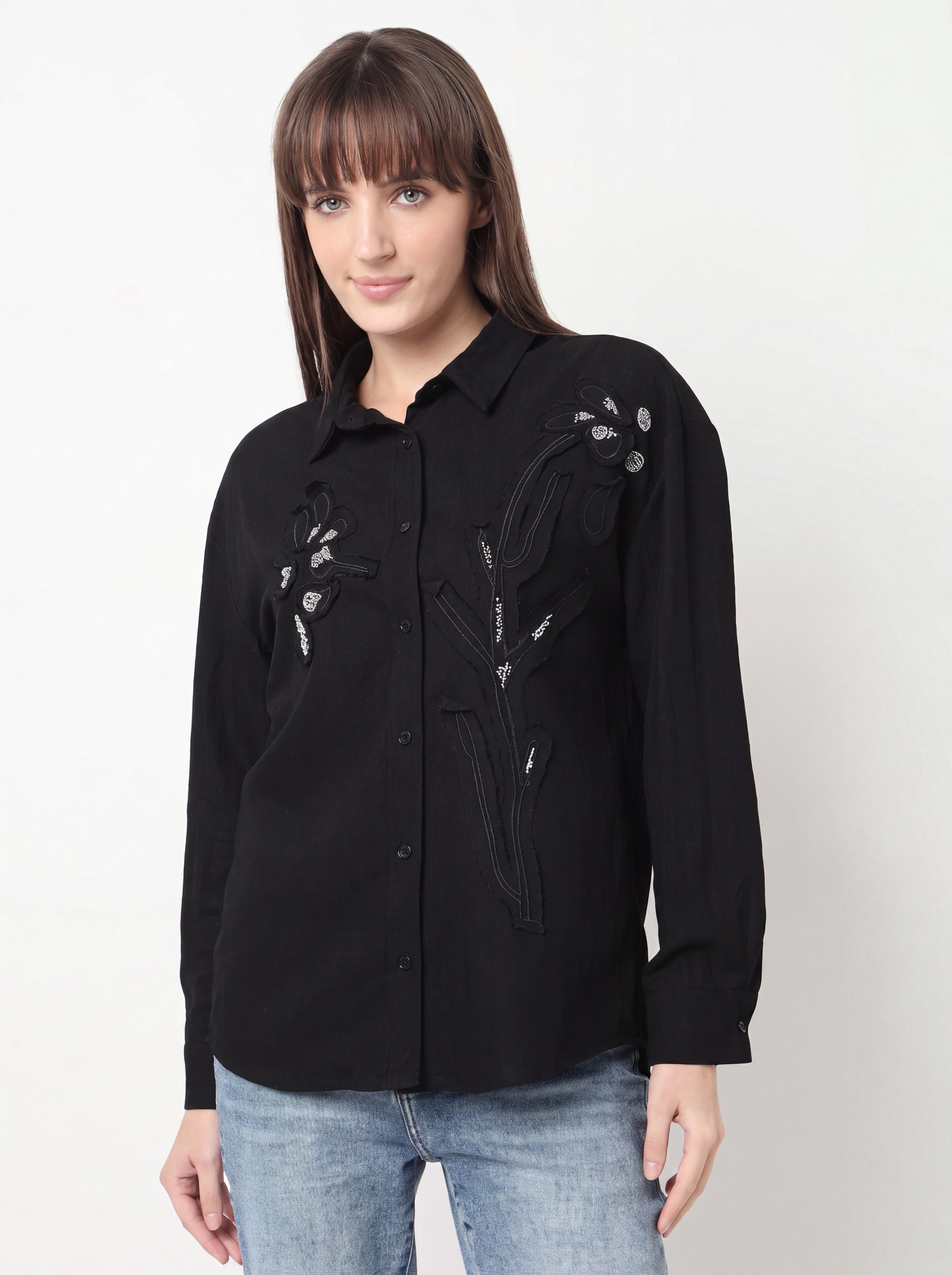 Floral Applique Embroidered Shirt
