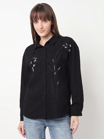Floral Applique Embroidered Shirt