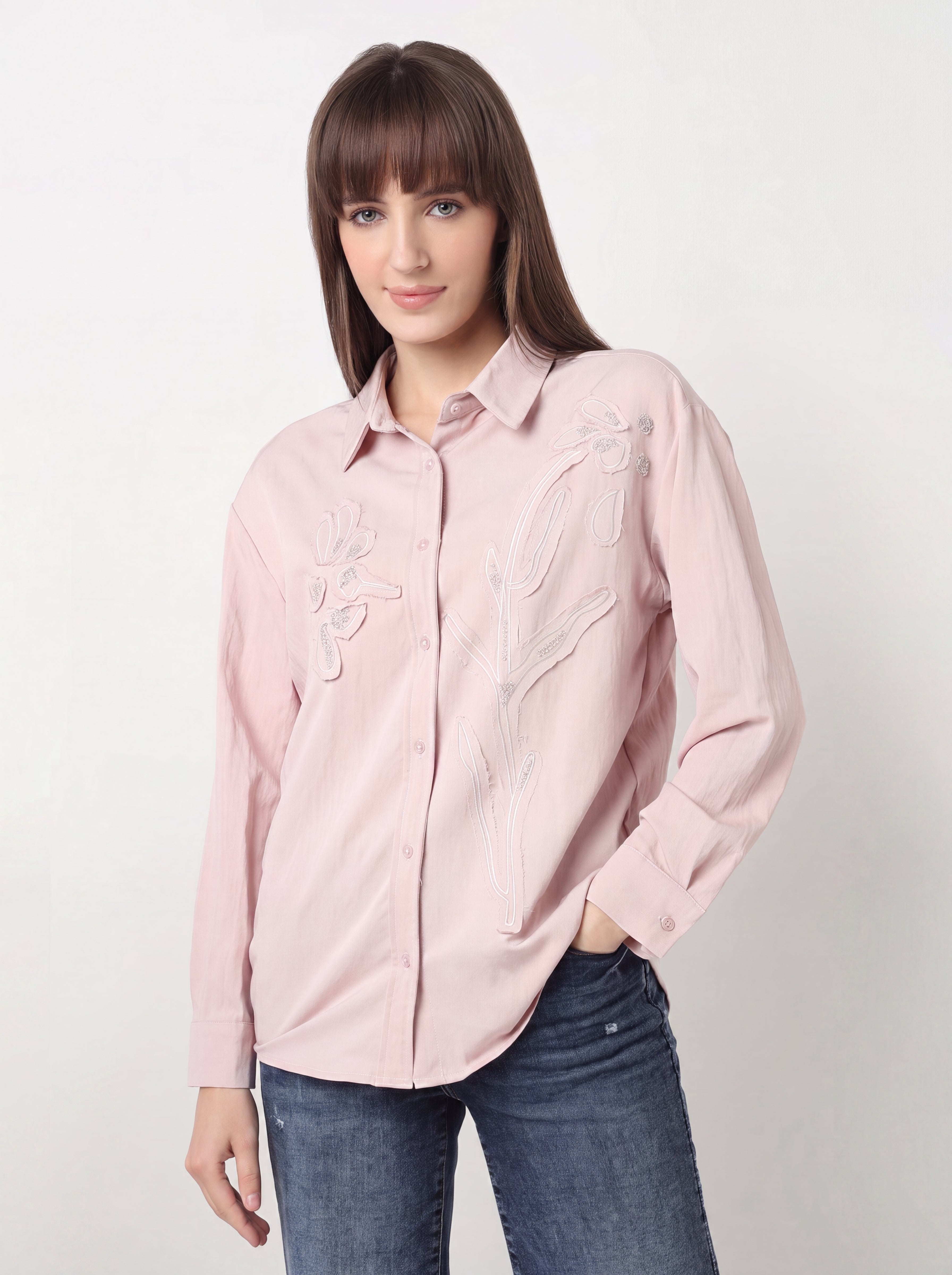 Floral Applique Embroidered Shirt