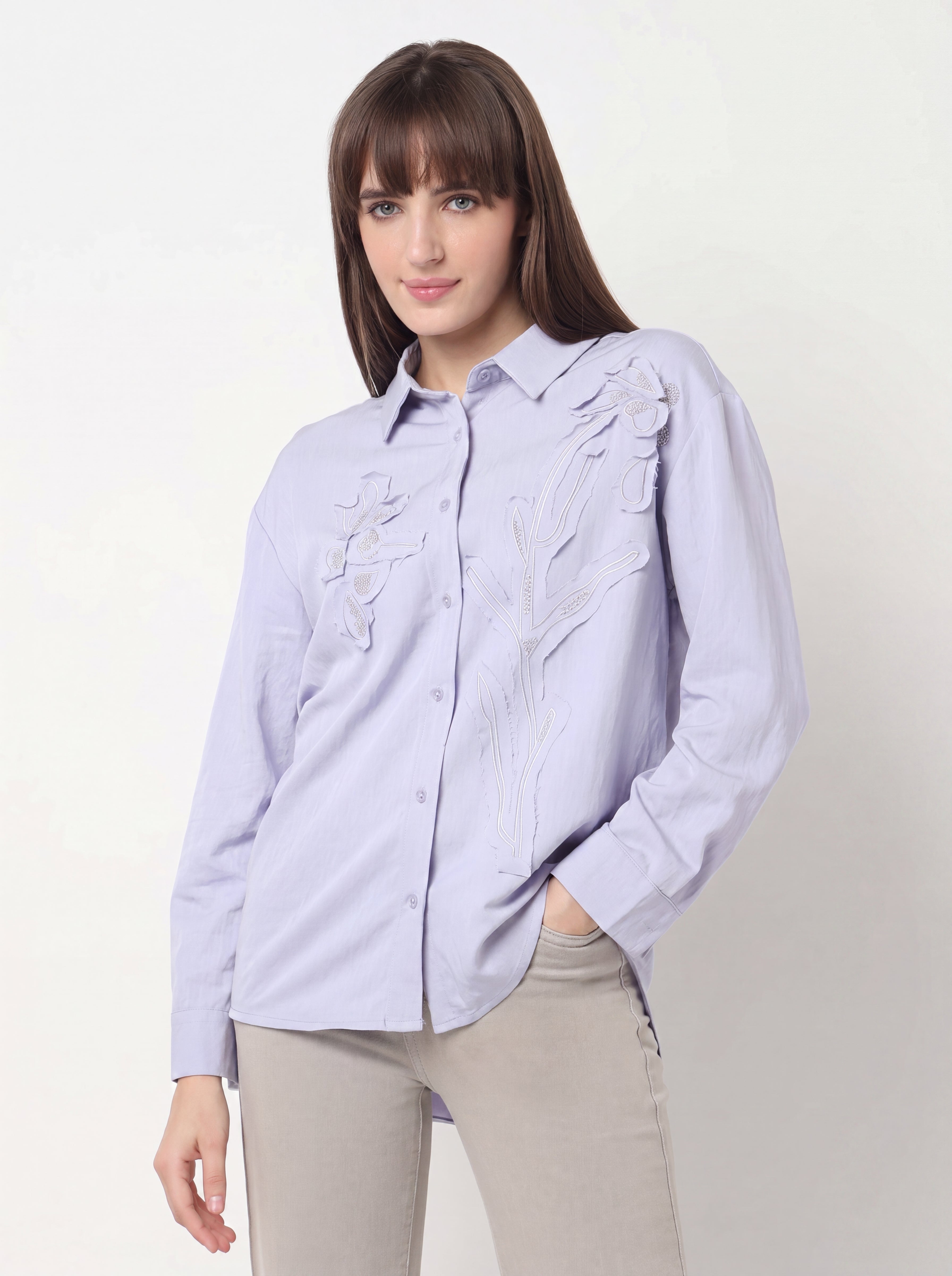 Floral Applique Embroidered Shirt