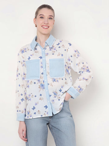 Floral Print Shirt with Denim Contrast