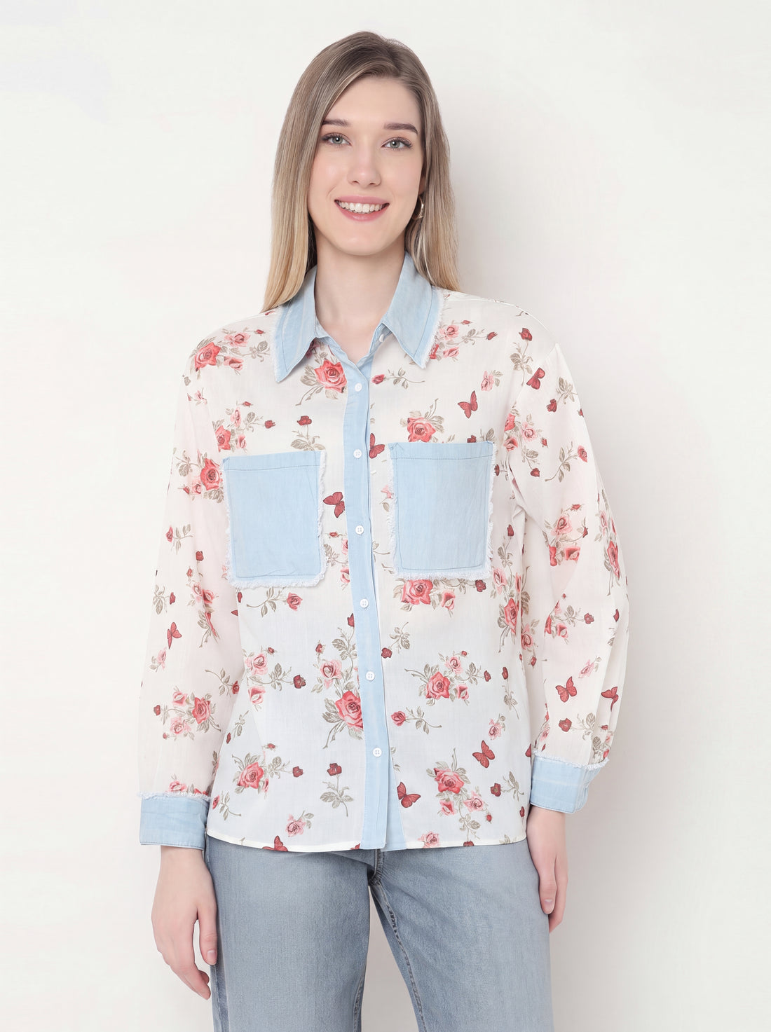 Floral Print Shirt with Denim Contrast