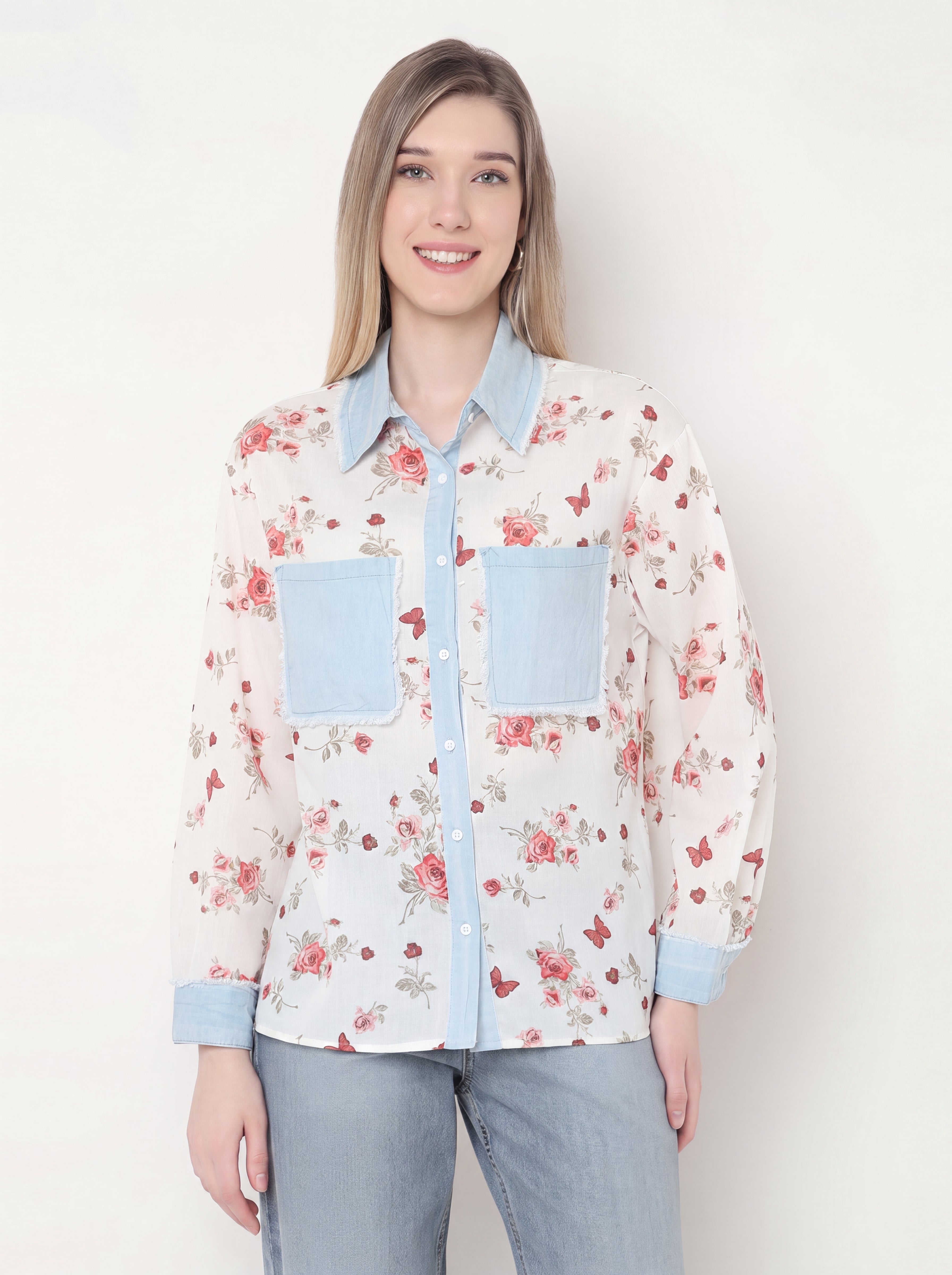 Floral Print Shirt with Denim Contrast