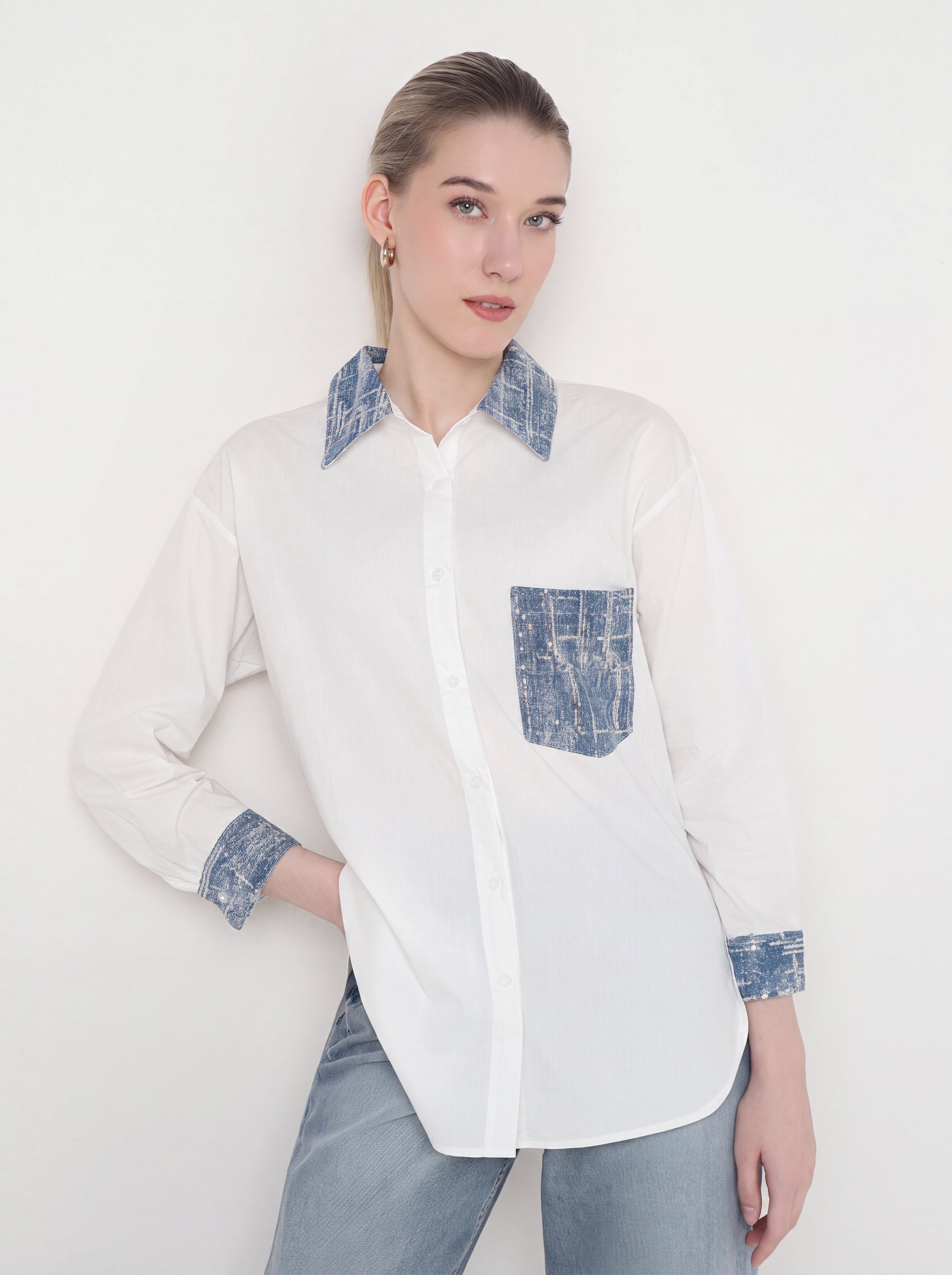 White Shirt with Denim-Print Trim
