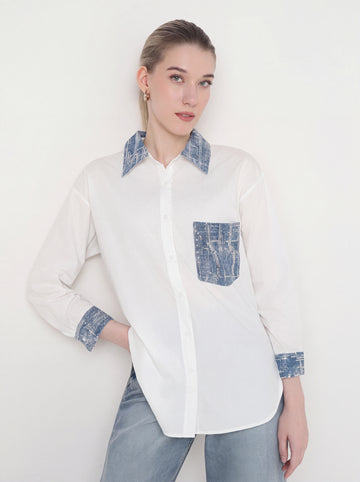 White Shirt with Denim-Print Trim