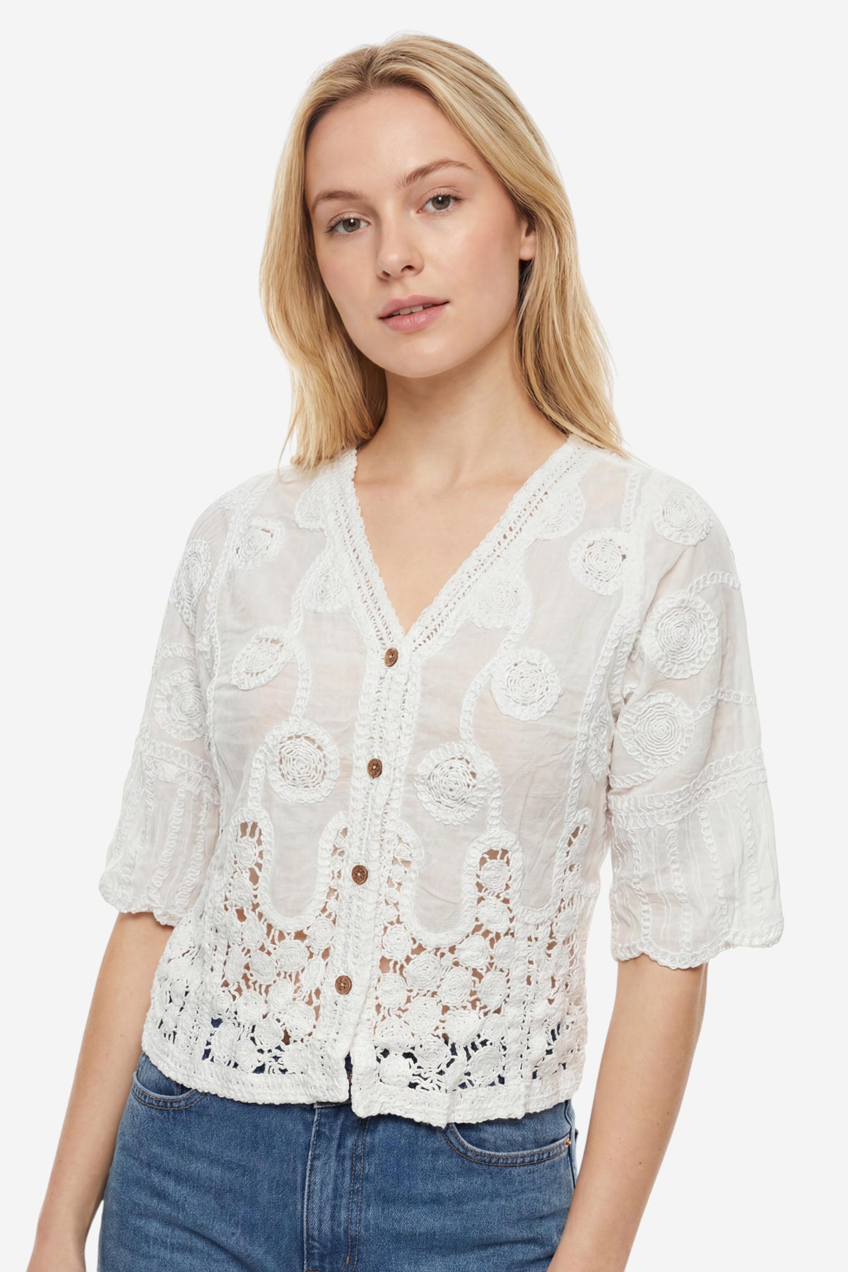 White Crochet Lace V-Neck Button-Front Crop Top