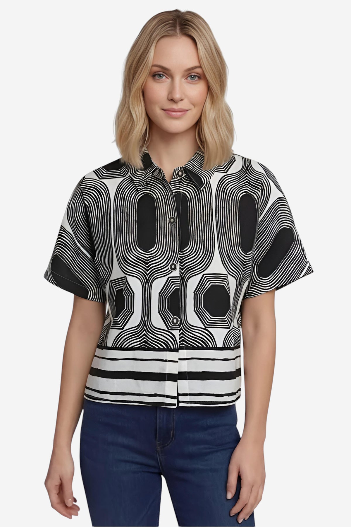 Black & White Geometric Print Boxy Short-Sleeve Shirt