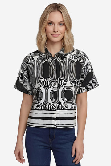 Black & White Geometric Print Boxy Short-Sleeve Shirt