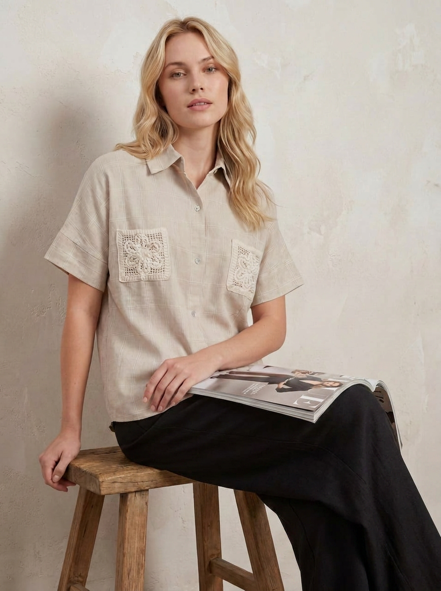 Beige Check Shirt with Crochet Pockets