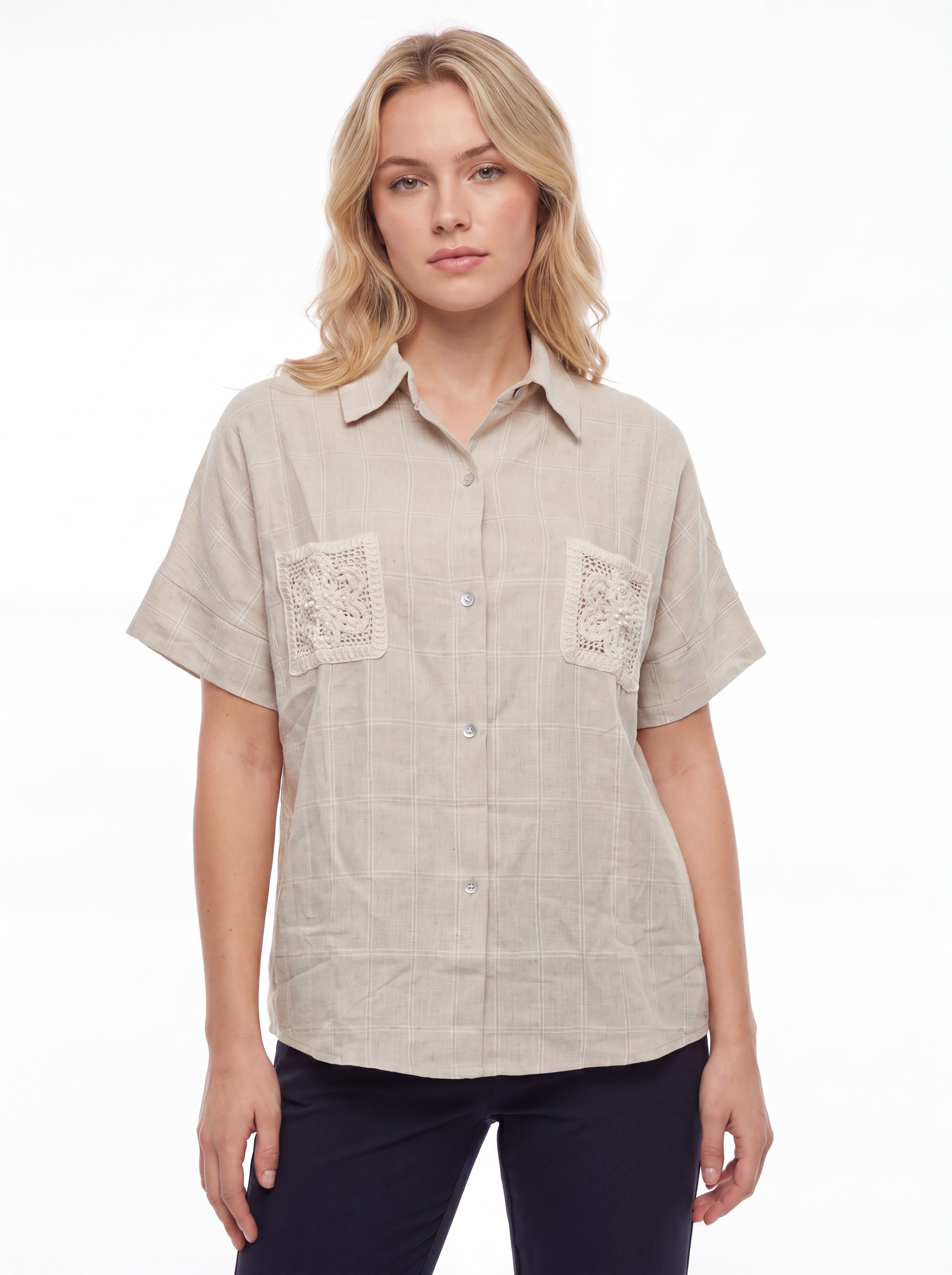 Beige Check Shirt with Crochet Pockets