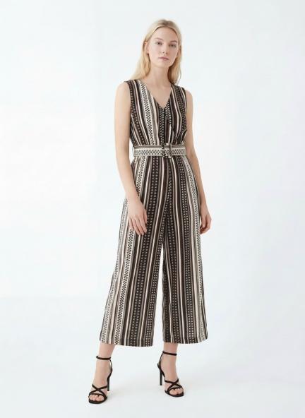 Women Striped Belted Wide Leg Jumpsuit