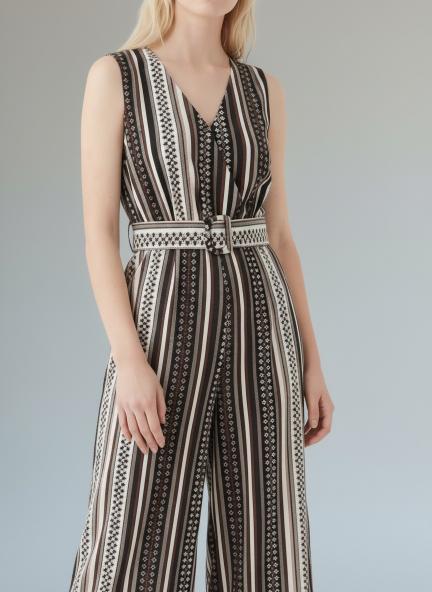 Women Striped Belted Wide Leg Jumpsuit