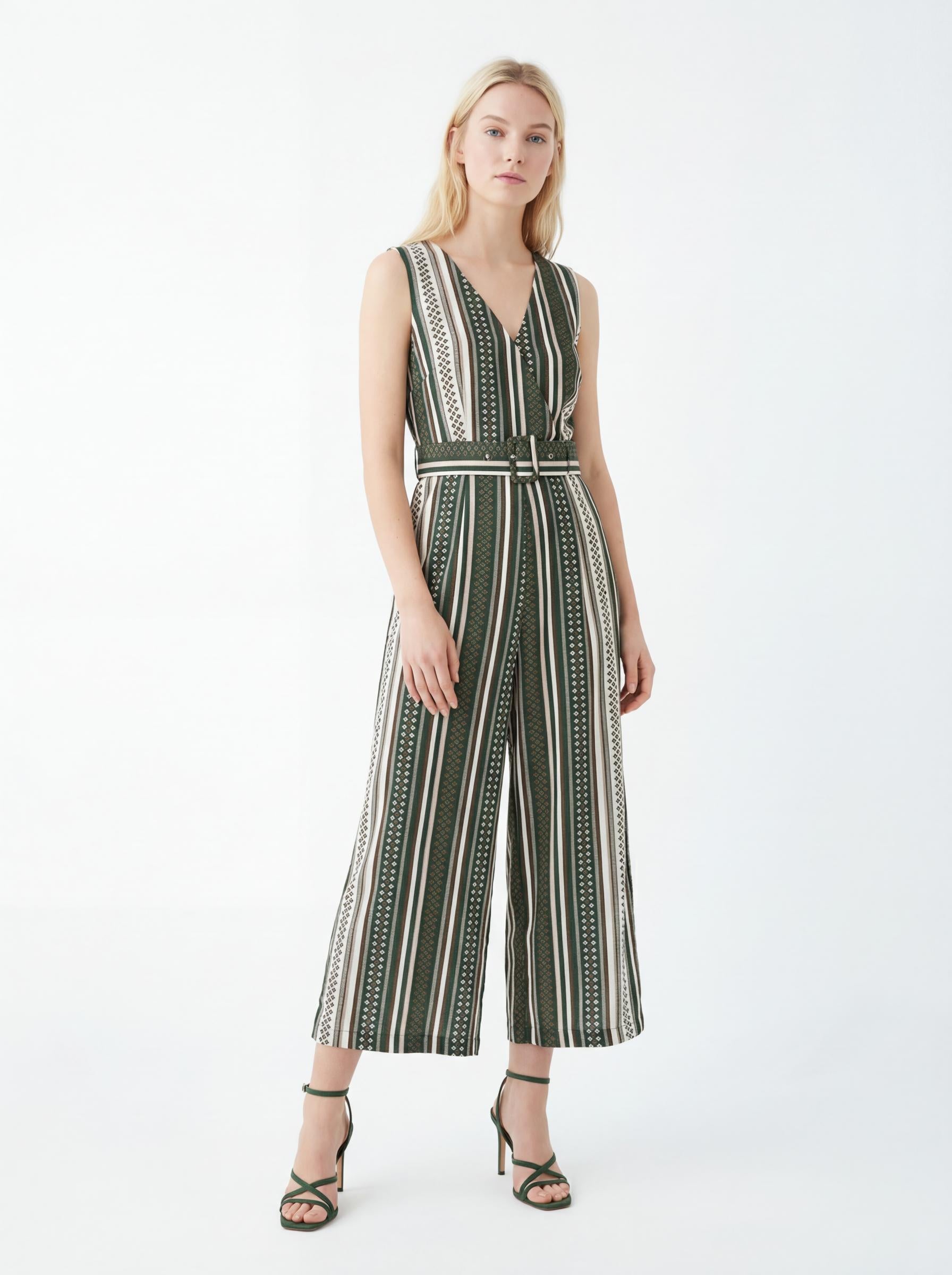 Women Striped Belted Wide Leg Jumpsuit