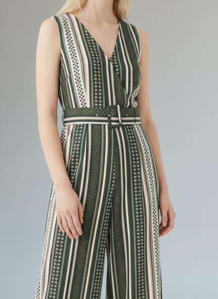 Women Striped Belted Wide Leg Jumpsuit