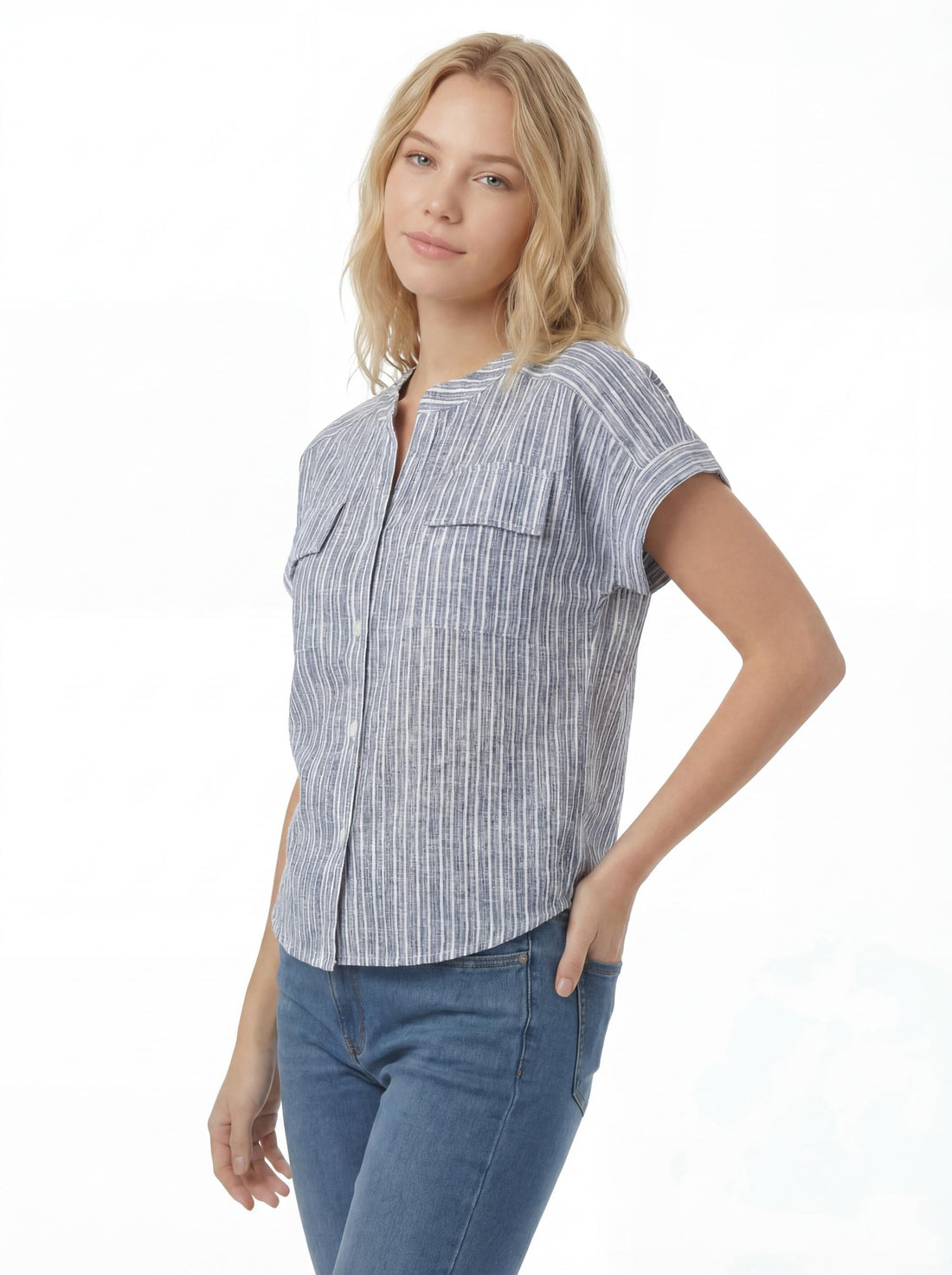 Women Striped Button Down Casual Top