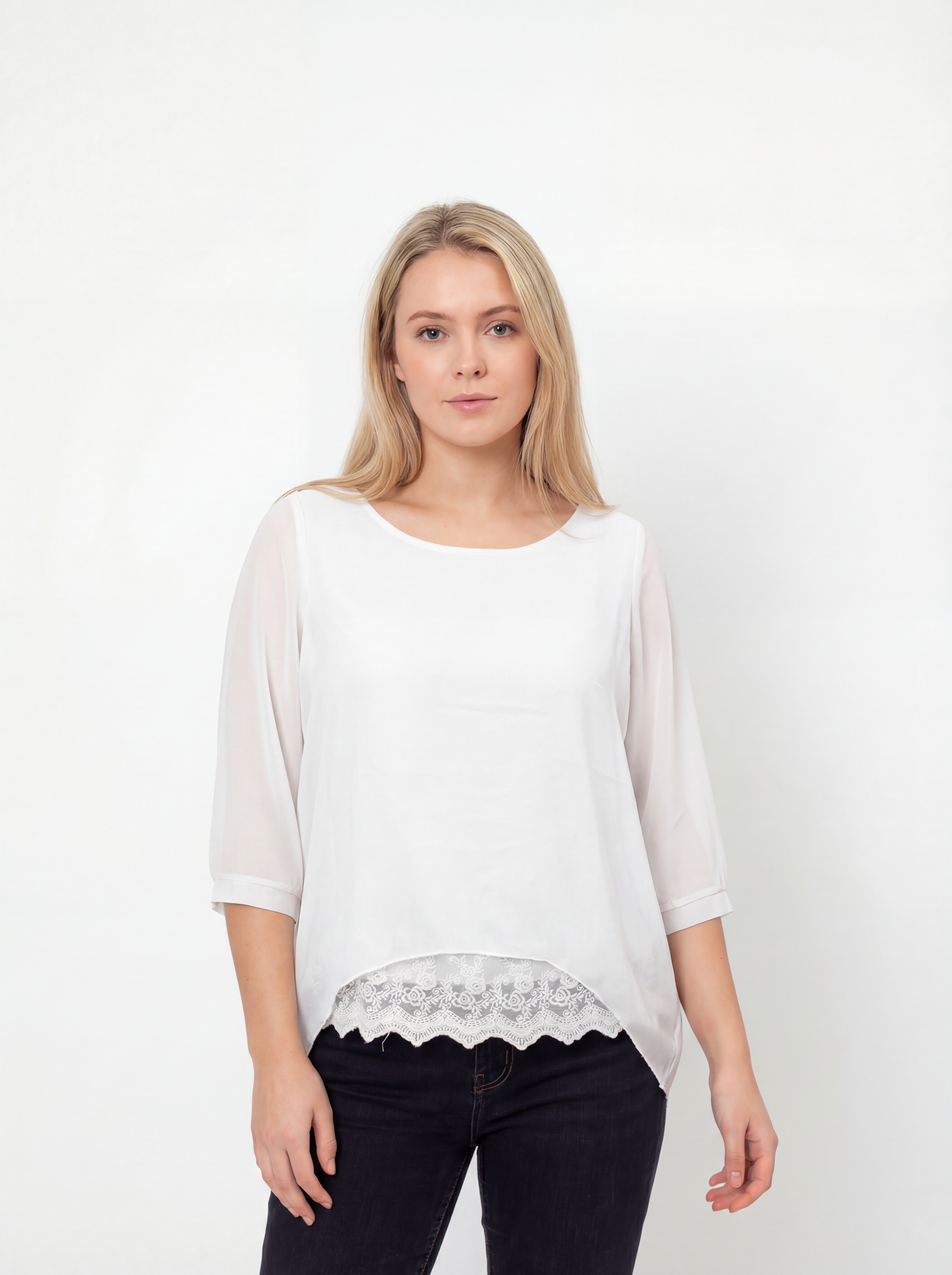 Three-Quarter Sleeve Lace Hem Top