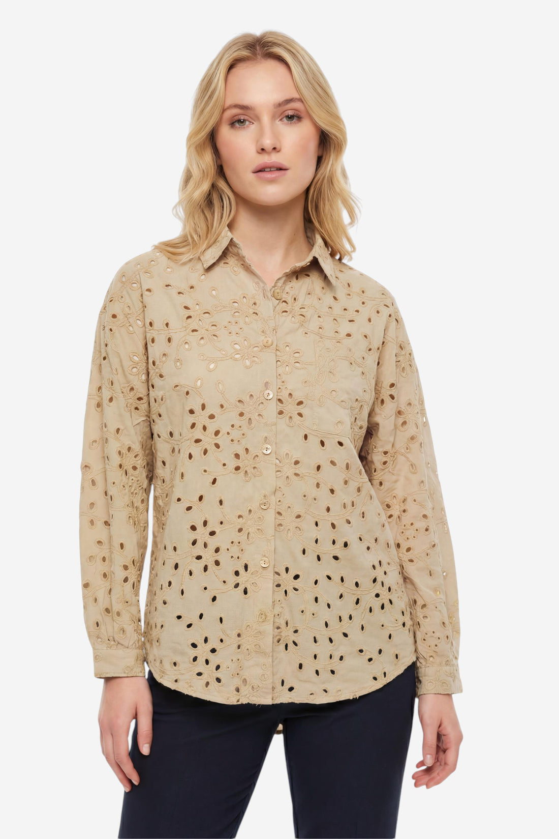Schiffli Eyelet Embroidered Relaxed Fit Shirt
