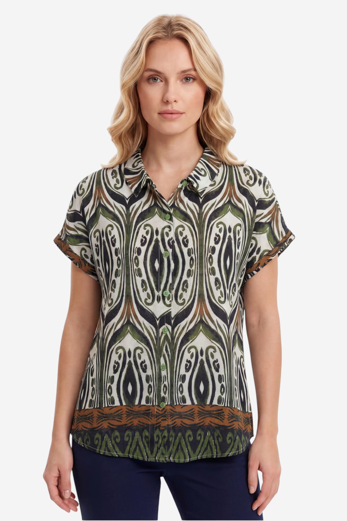 Olive Printed Short-Sleeve Relaxed Shirt