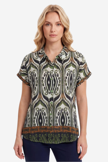 Olive Printed Short-Sleeve Relaxed Shirt