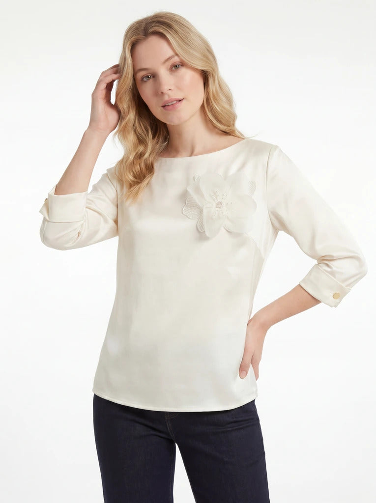 Cream Three-Quarter Sleeve Tie Neck Blouse