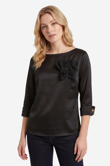 Black Satin Boat-Neck Top with 3D Flower Appliqué