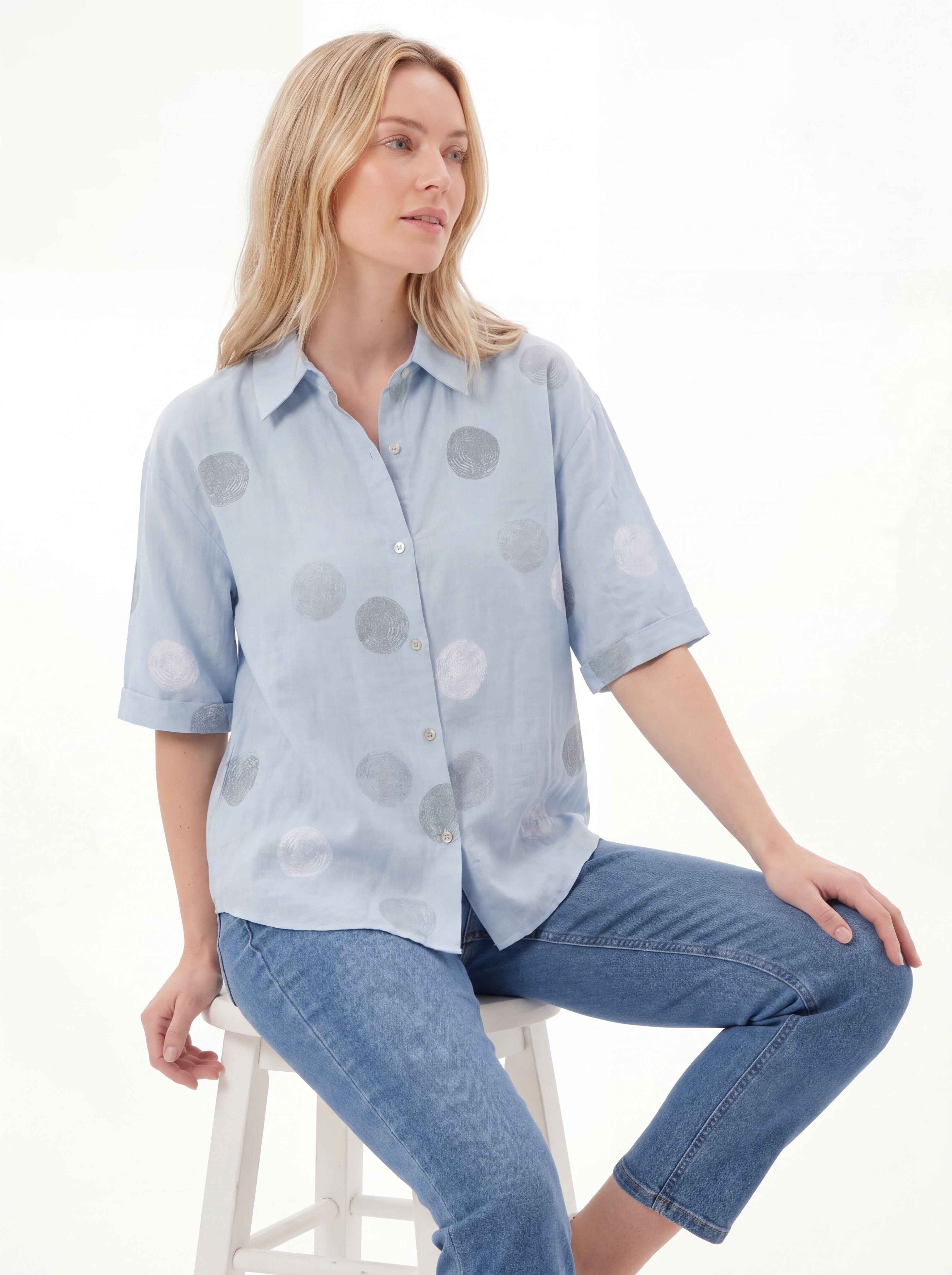 Light Blue Printed Short Sleeve Button Shirt