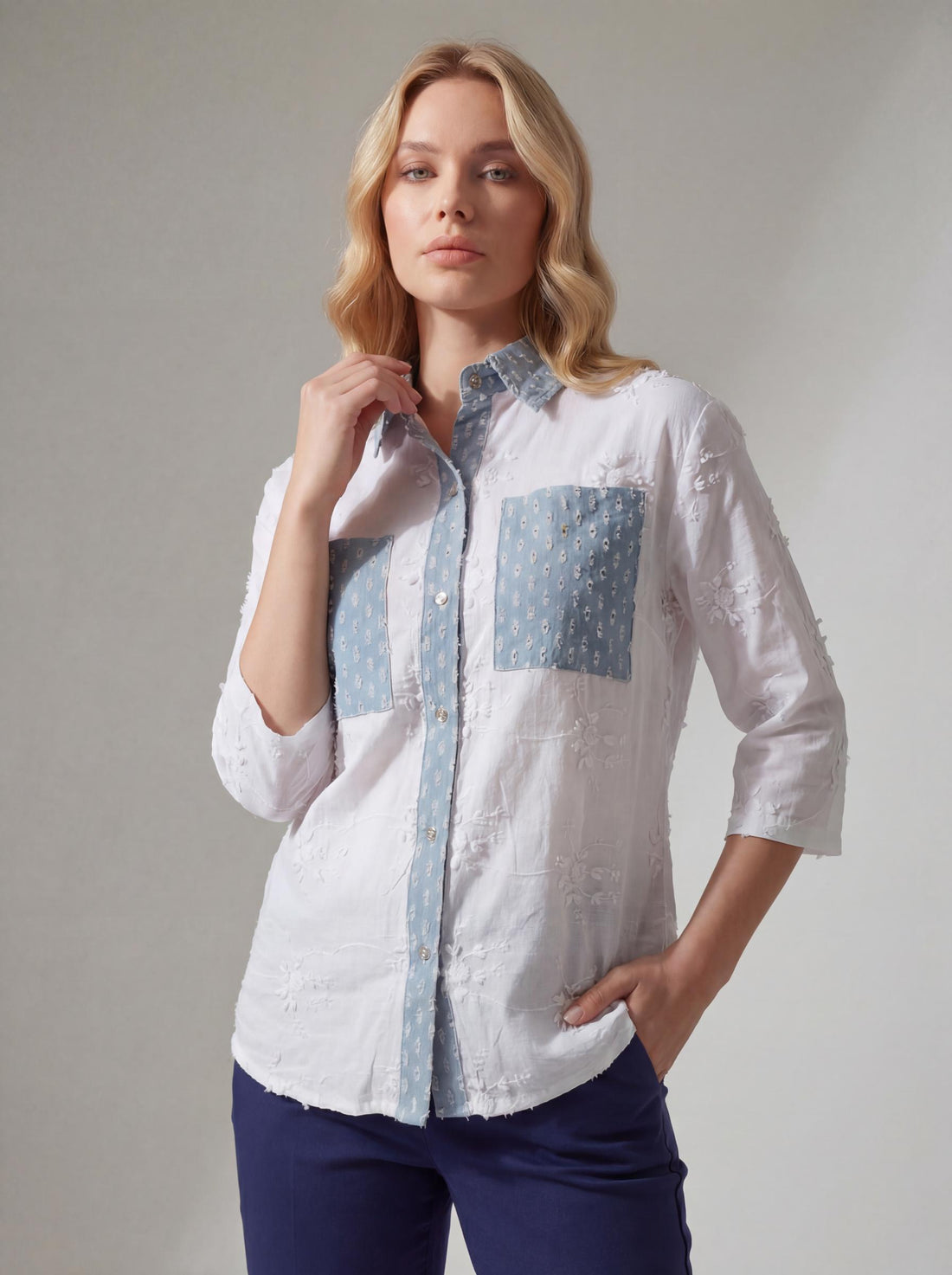 Women Embroidered Contrast Patch Shirt